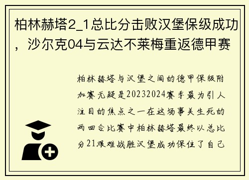 柏林赫塔2_1总比分击败汉堡保级成功，沙尔克04与云达不莱梅重返德甲赛场
