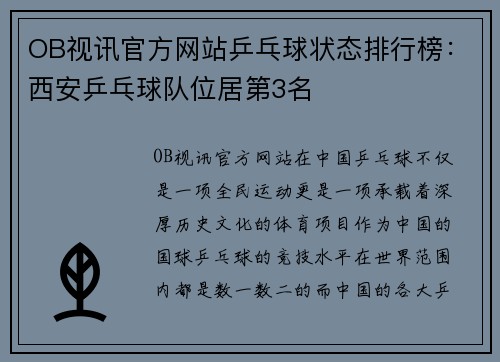 OB视讯官方网站乒乓球状态排行榜：西安乒乓球队位居第3名